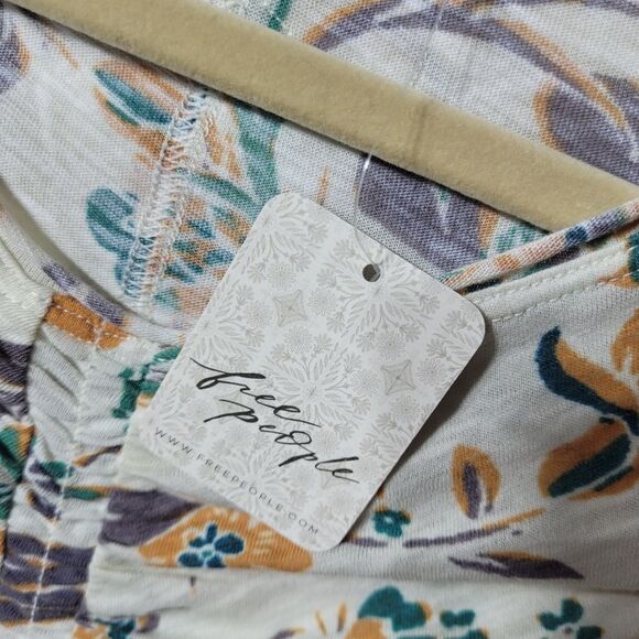 NEW L FREE PEOPLE TAN TEAL GREEN FLORAL LETTUCE LONG SLEEVE TOP LARGE NWT - Picture 3 of 7